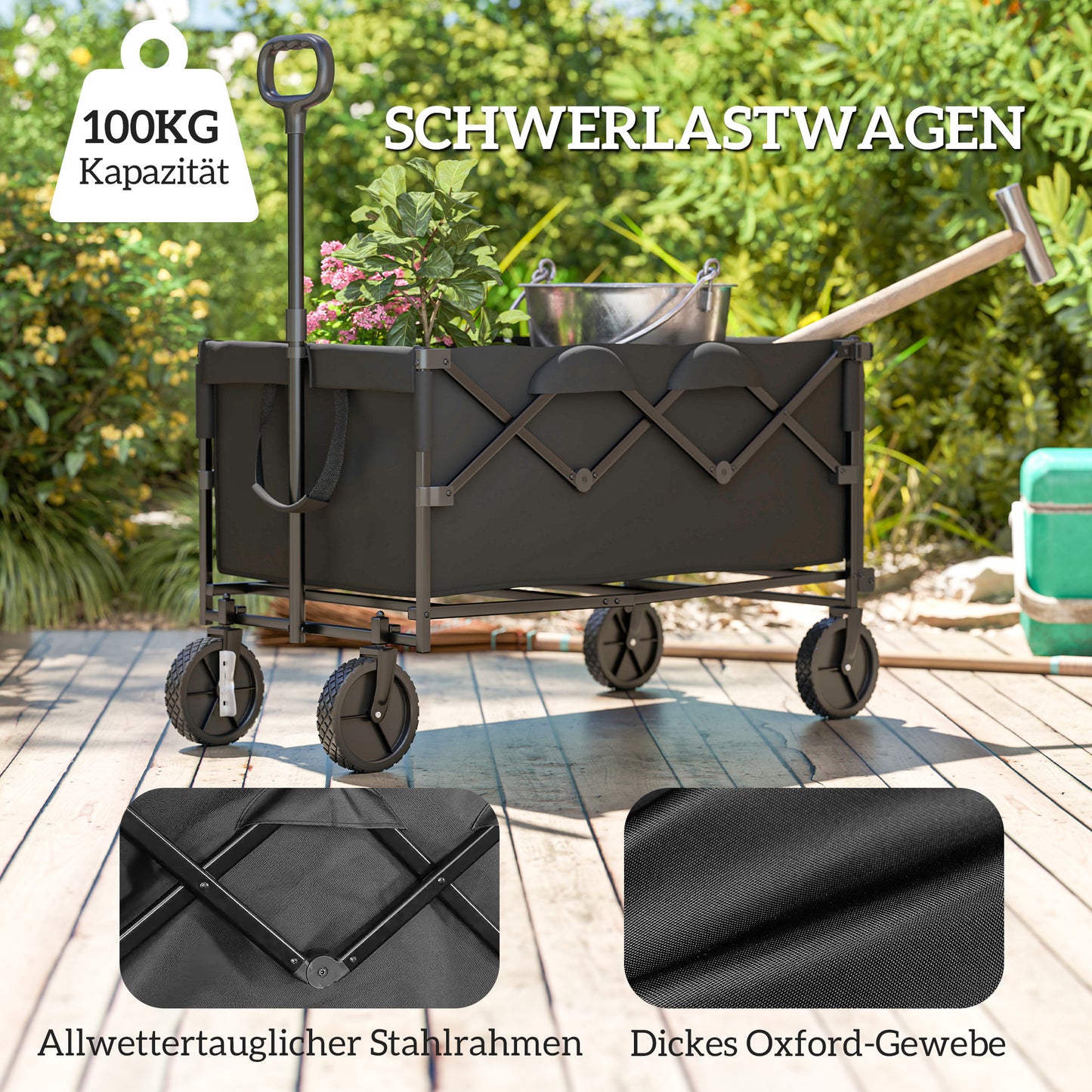 Outsunny Gartenwagen 100 kg belastbar klappbar Erweiterter Transportwagen mit herausnehmbare Plane Schwarz
