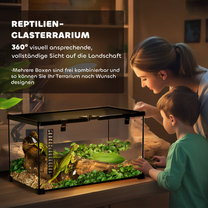 PawHut Reptilienbox Terrarium, inkl. Streifenthermometer, Fütterungsklappen, 50 cm x 30 cm x 25 cm, Glas + Metall, Schwarz