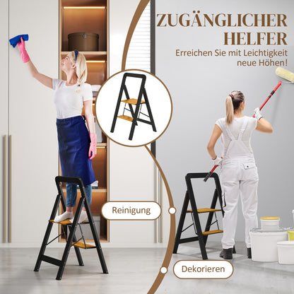 HOMCOM 2-stufige Trittleiter، Metall، faltbar، rutschfeste Plattform، Schwarz