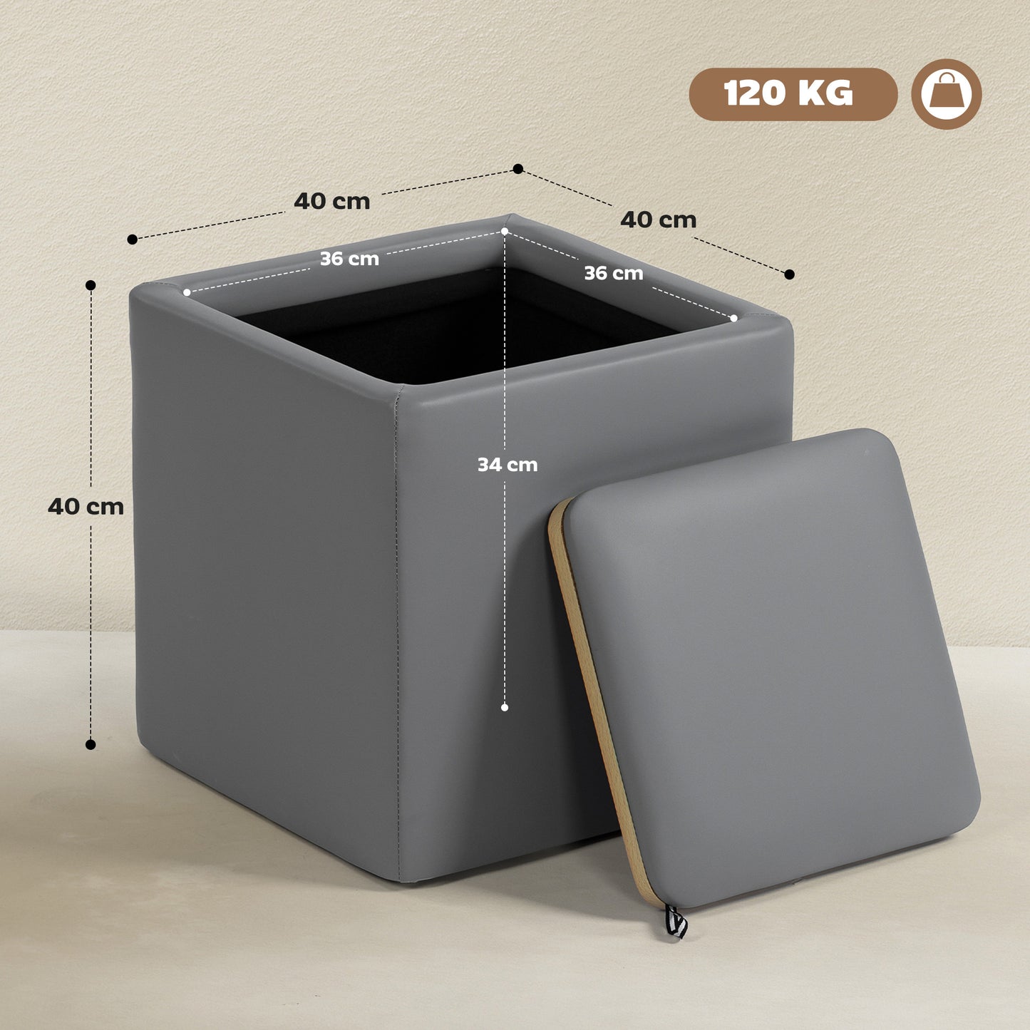 HOMCOM Sitzhocker mit Stauraum Hocker mit Deckel، Quadratischer Fußhocker Sitzwürfel Kunstleder 40 x 40 x 40 سم غراو