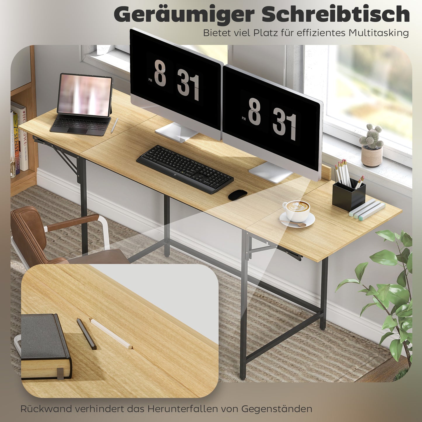 HOMCOM Klappbarer Computertisch mit 2 Ausziehplatten, viel Platz für Monitore, Metallbeine, robuste Konstruktion, Eiche+Schwarz