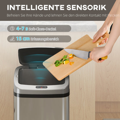 HOMCOM 48 L Sensor-Mülleimer für Küche oder Büro, automatische Schließ-Funktion, Edelstahl, Silberton
