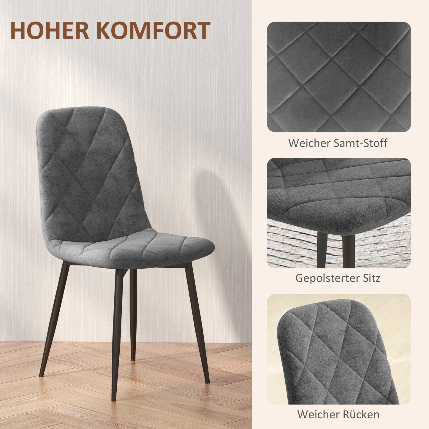 HOMCOM Esszimmerstühle, 4er-Set Küchenstühle mit Rückenlehne, Samtoptik, Polsterstühle mit Metallbeinen, für Esstisch, Grau