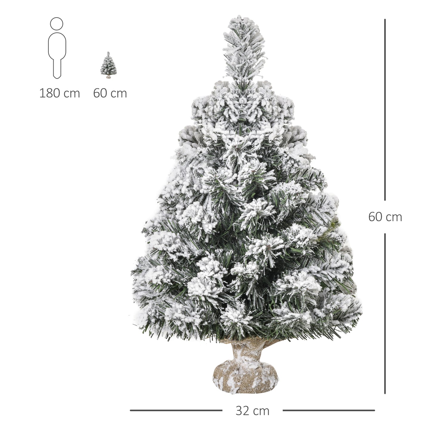HOMCOM Mini Künstlicher Weihnachtsbaum 60 cm Tannenbaum künstlich mit Schnee, 67 Spitzen Zementbasis für drinnen Büro