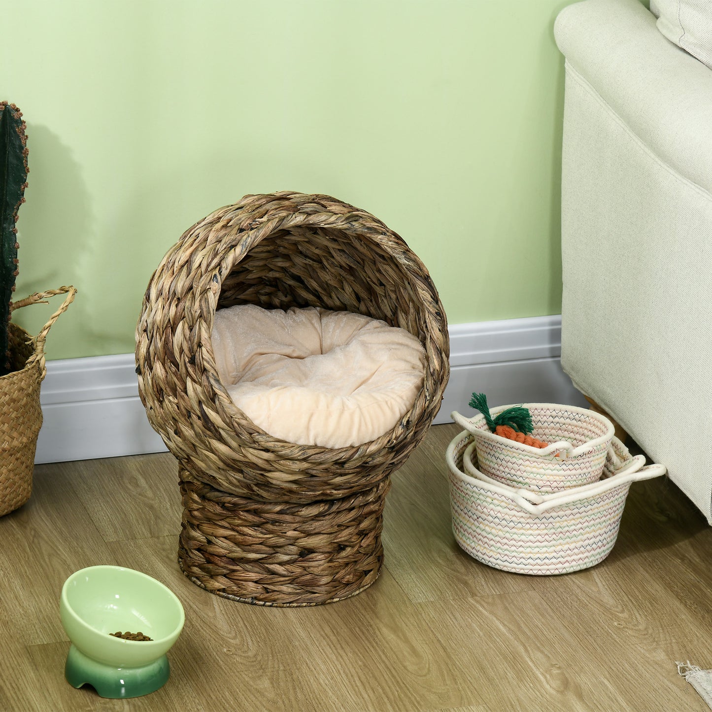PawHut Rattan Katzenkorb Katzenhöhle Katzenhütte Katzenbett mit Kissen Haustierbett Wasserhyazinthe Kaffee 40 x 37 x 51 سم