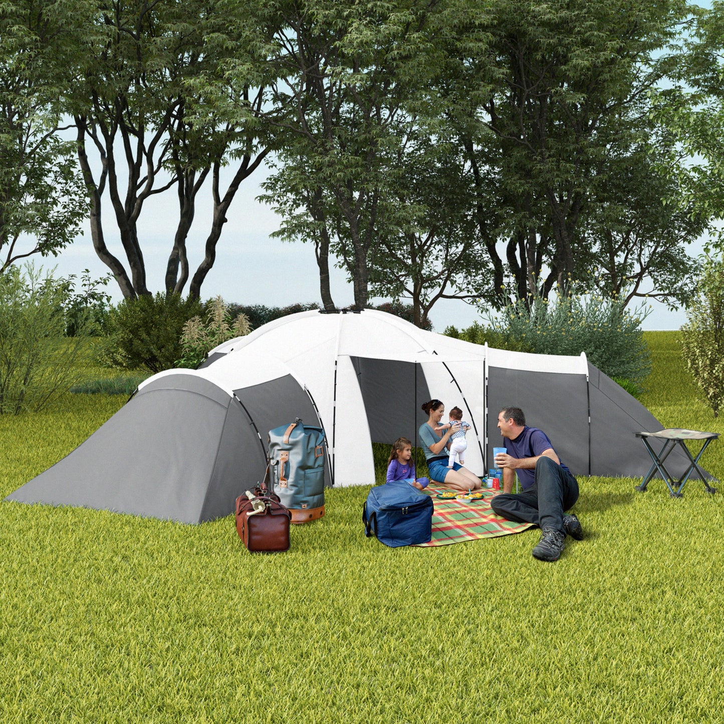 Outsunny Campingzelt für 6-9 Personen, 4 Räume, Vorzelt, wasserdicht, 615x 615x225cm, Grau