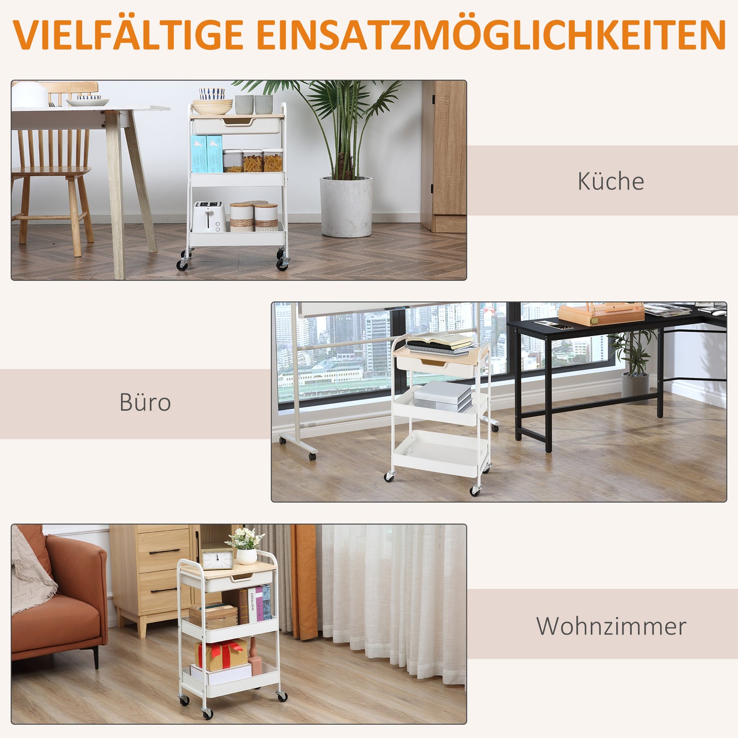 HOMCOM Rollbarer Küchenwagen, 2 Regale, Schublade, Ablage, 4 Rollen, Griffe, Stahl, Weiß