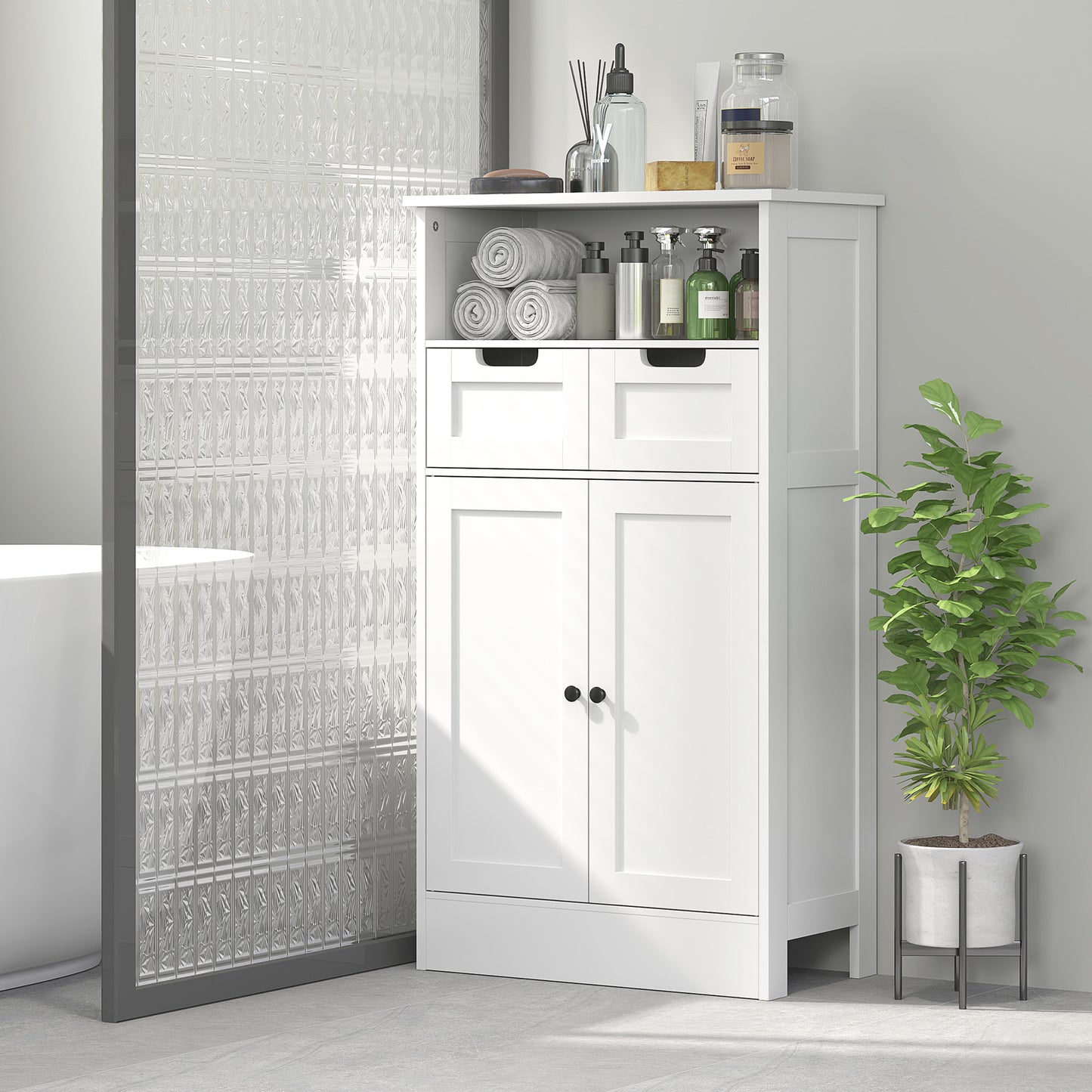 kleankin Badezimmerschrank mit 2 Schubladen, Tür, 60 x 30 x 109 cm, Weiß