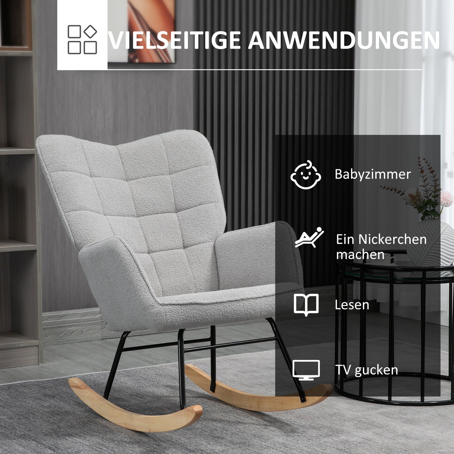 HOMCOM Schaukelstuhl im Retro-Design, Massivholz, Schwingsessel, 71 cm x 92 cm x 101 cm, Hellgrau