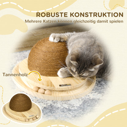 PawHut interaktives Katzenspielzeug, Kratzfläche, ovale Kugelbahn, Kiefernholz, 39,5 x 32,5 x 14,5 cm