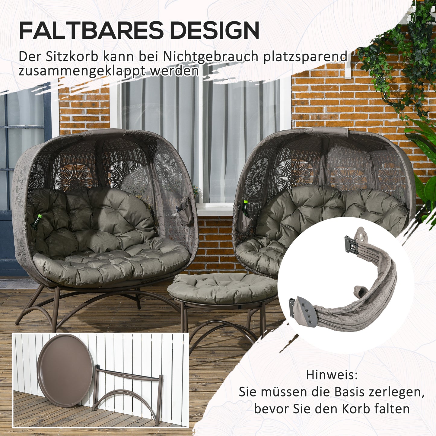 Outsunny Gartenmöbel-Set, 2 Korbsessel mit Beistelltisch, faltbar, Sitzauflagen, Metallgestell, Farbe: Sand