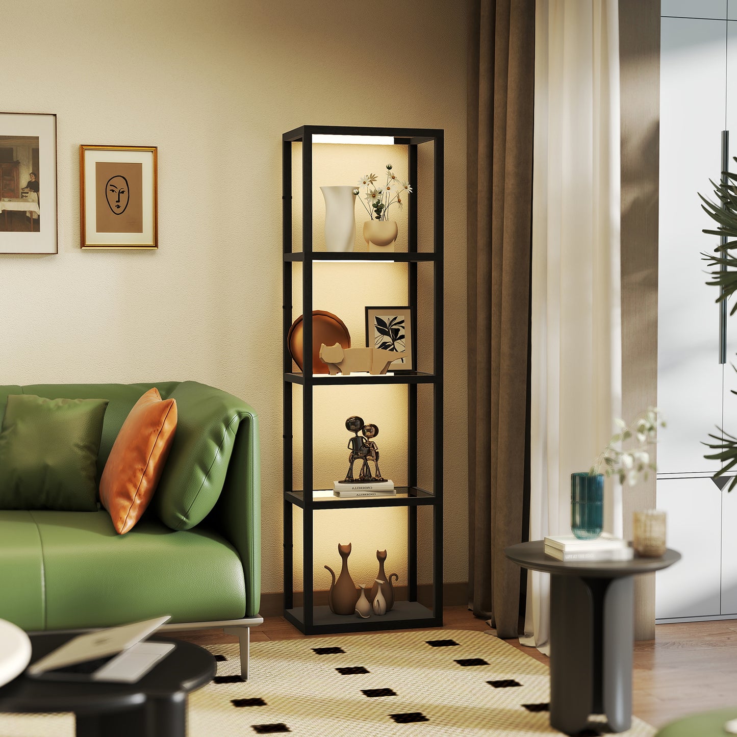 HOMCOM LED-Stehlampe mit 4-stufigem Regal, Leuchtregal mit 4 Glasfächern, Fußschalter, MDF, Schwarz