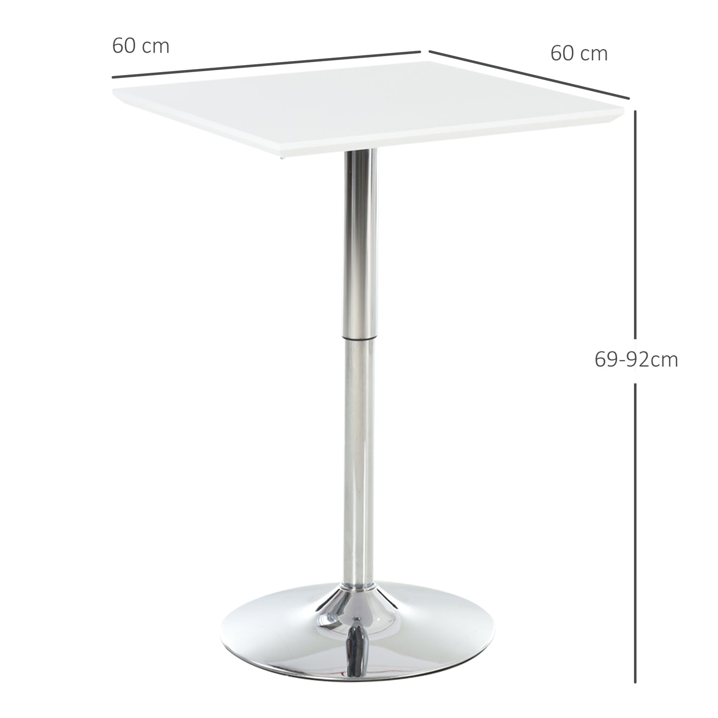 HOMCOM Bartisch Bistrotisch Pub Höhenverstellbarer Quadratischer Stehtisch Tisch Stahl Weiß 60 x 60 x 69-92 cm