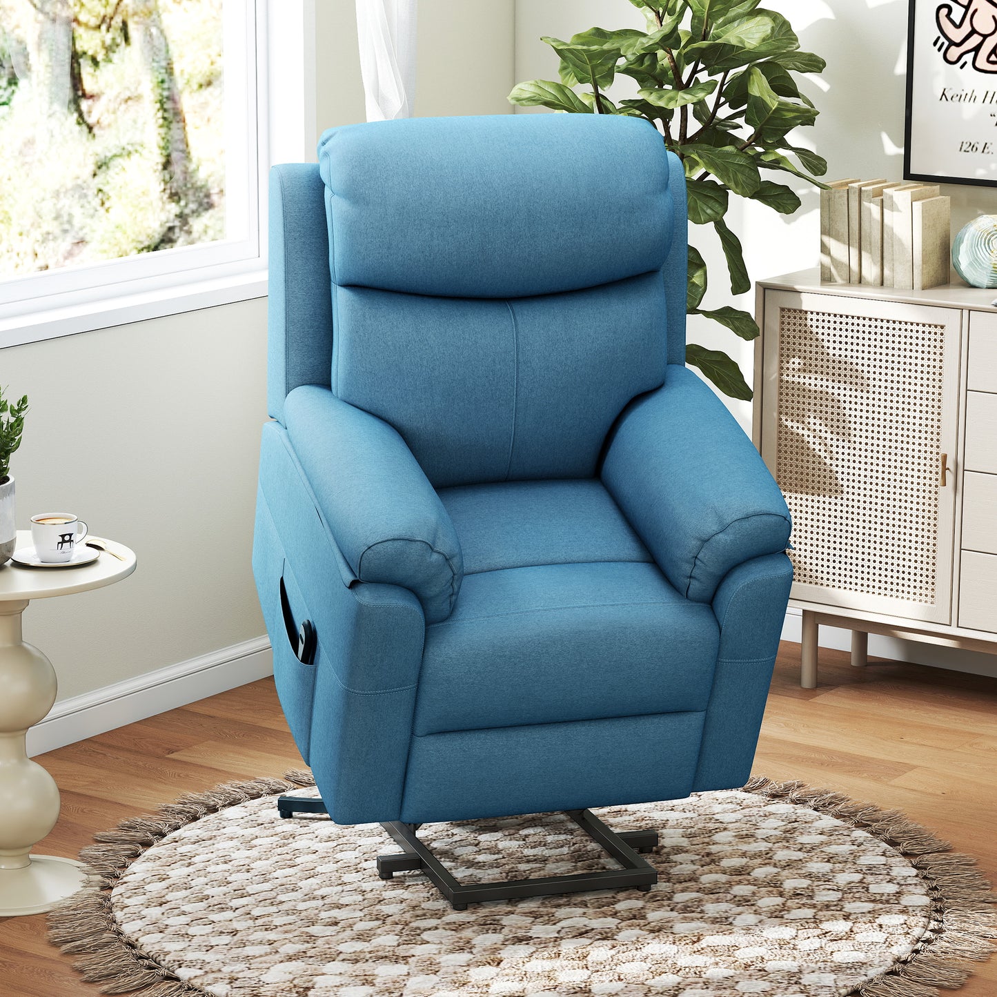 HOMCOM Fernsehsessel mit Aufstehhilfe Elektrisch Relaxsessel mit Liegefunktion, TV-Sessel mit Fernbedienung Seitentasche Taschenfederkern Leinenoptik Blau