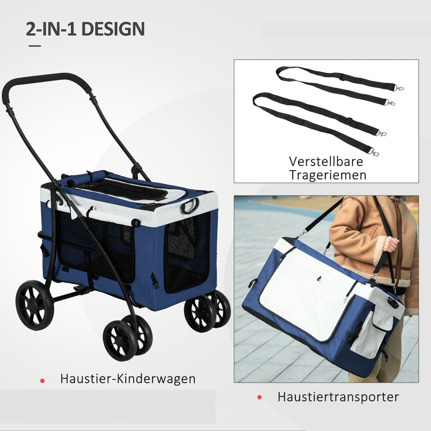 PawHut Hundbuggy Haustierbuggy Haustiertransporter bis 10kg klappbar verstellbare Trageriemen abnehmbarer Korb 81 x 58 x 97,5 سم شوارز + بلاو + فايس