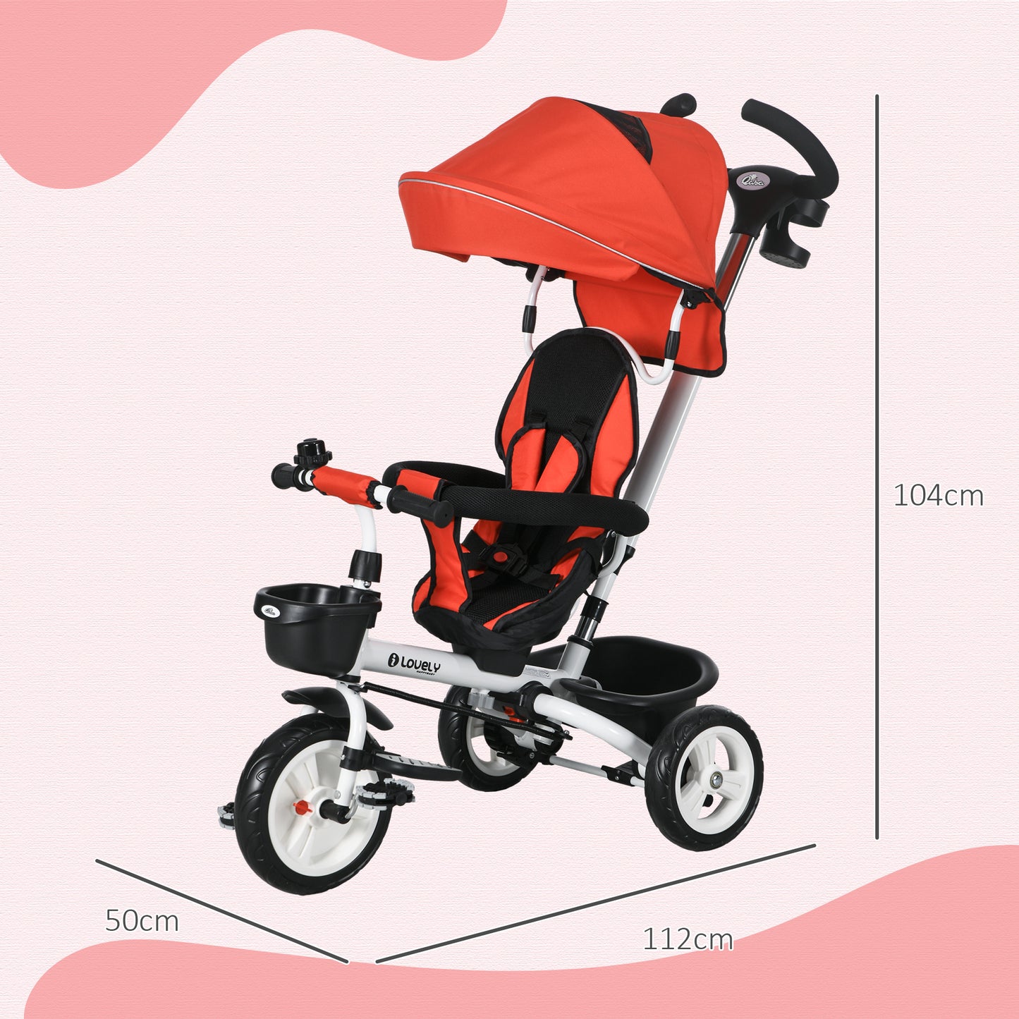 HOMCOM 6-in-1 Kinderdreirad mit Schiebestange, Dach, Gurt, Ablagekorb, 18+ Monate, Rot