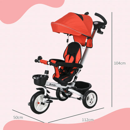 HOMCOM 6-in-1 Kinderdreirad mit Schiebestange, Dach, Gurt, Ablagekorb, 18+ Monate, Rot