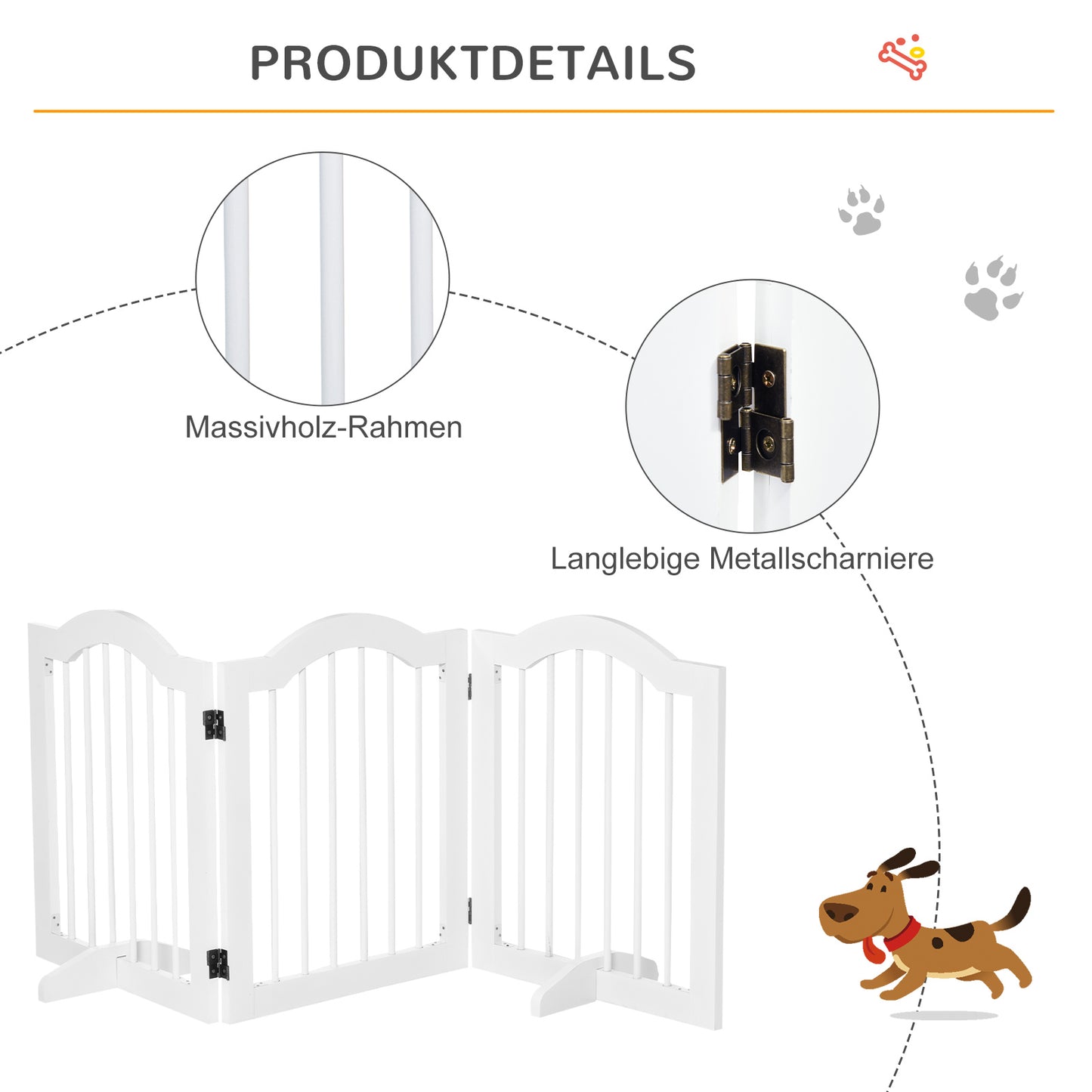 PawHut Absperrgitter Hund 3-teilig, 154,5 x 61 cm Faltbar Hundegitter mit Tür, Türschutzgitter mit 2 Stützfüßen, Freistehend Treppengitter für Küche, Flur, Weiß
