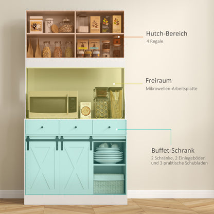 HOMCOM Küchenschrank mit Regalen, Schränken, Schubladen und Ablagefläche, Bauernhaus-Flair, verstellbare Regale, Holz, Weiß