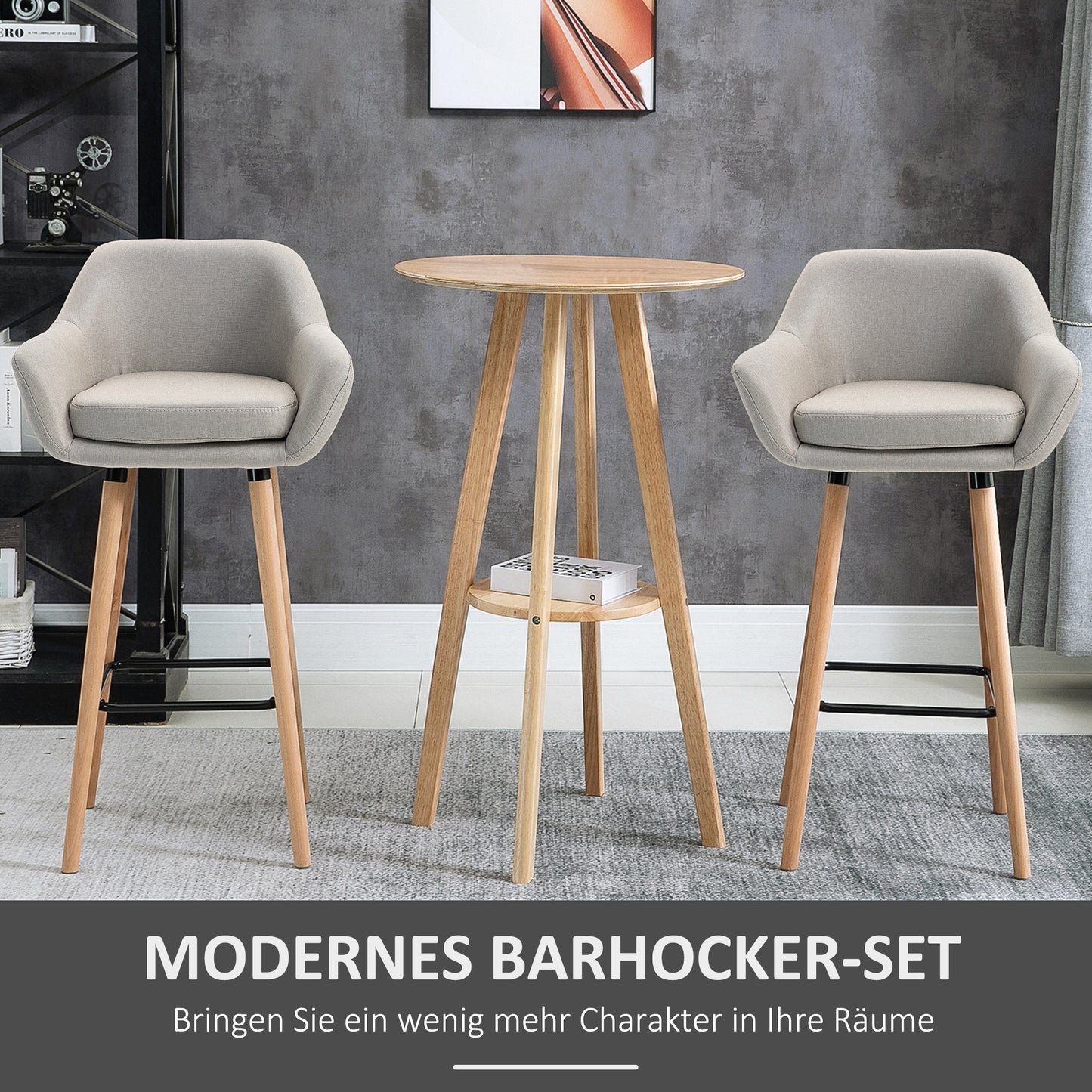 HOMCOM 2er-Set Barhocker, inkl. Fußstütze, Massivholz, 55 cm x 48c m x 100 cm, Beige