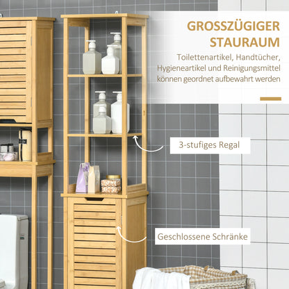 kleankin Badschrank, Hochschrank, drei Regalböden, ein Schrankfach mit Lamellentür, Kippschutz, Bambus, 34 x 30 x 173cm