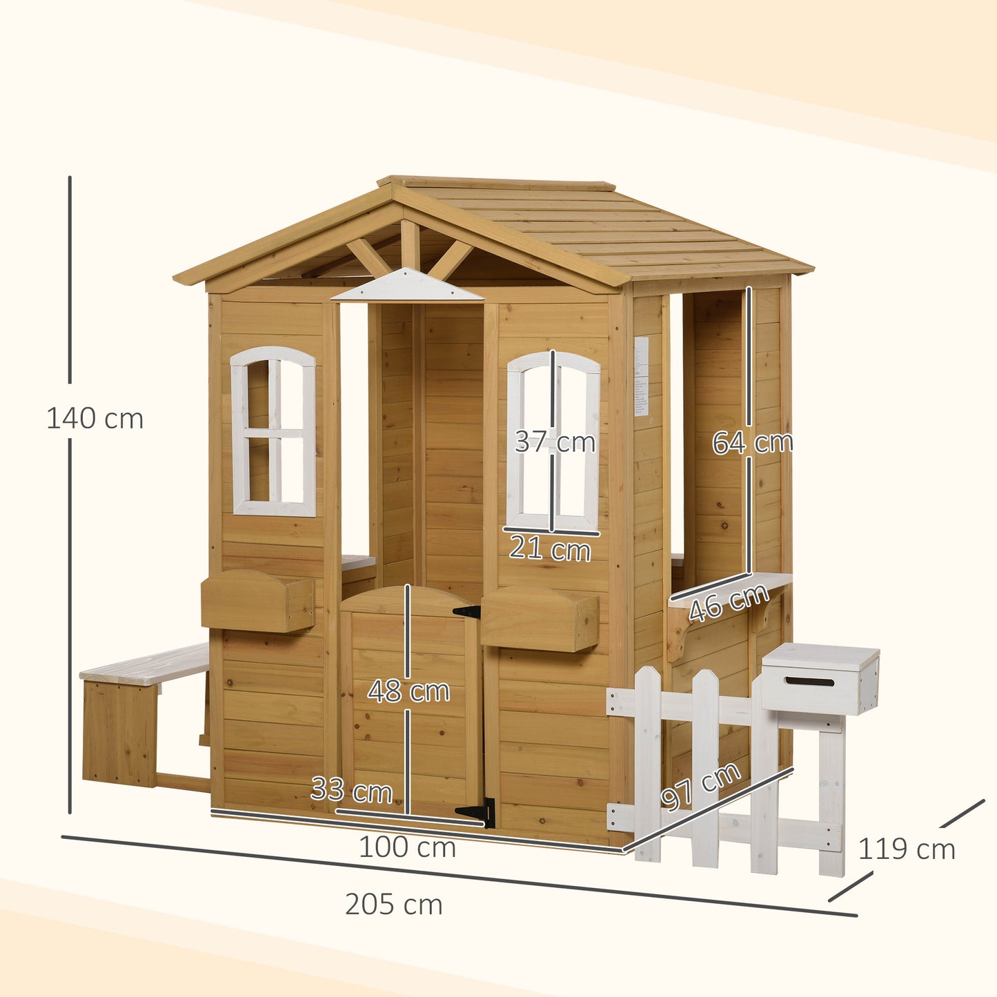 Outsunny Kinderspielhaus aus Holz Spielhaus Outdoor mit Tür, Fenster und Pflanzkasten Briefkasten Bank für Kinder 3-6 Jahre
