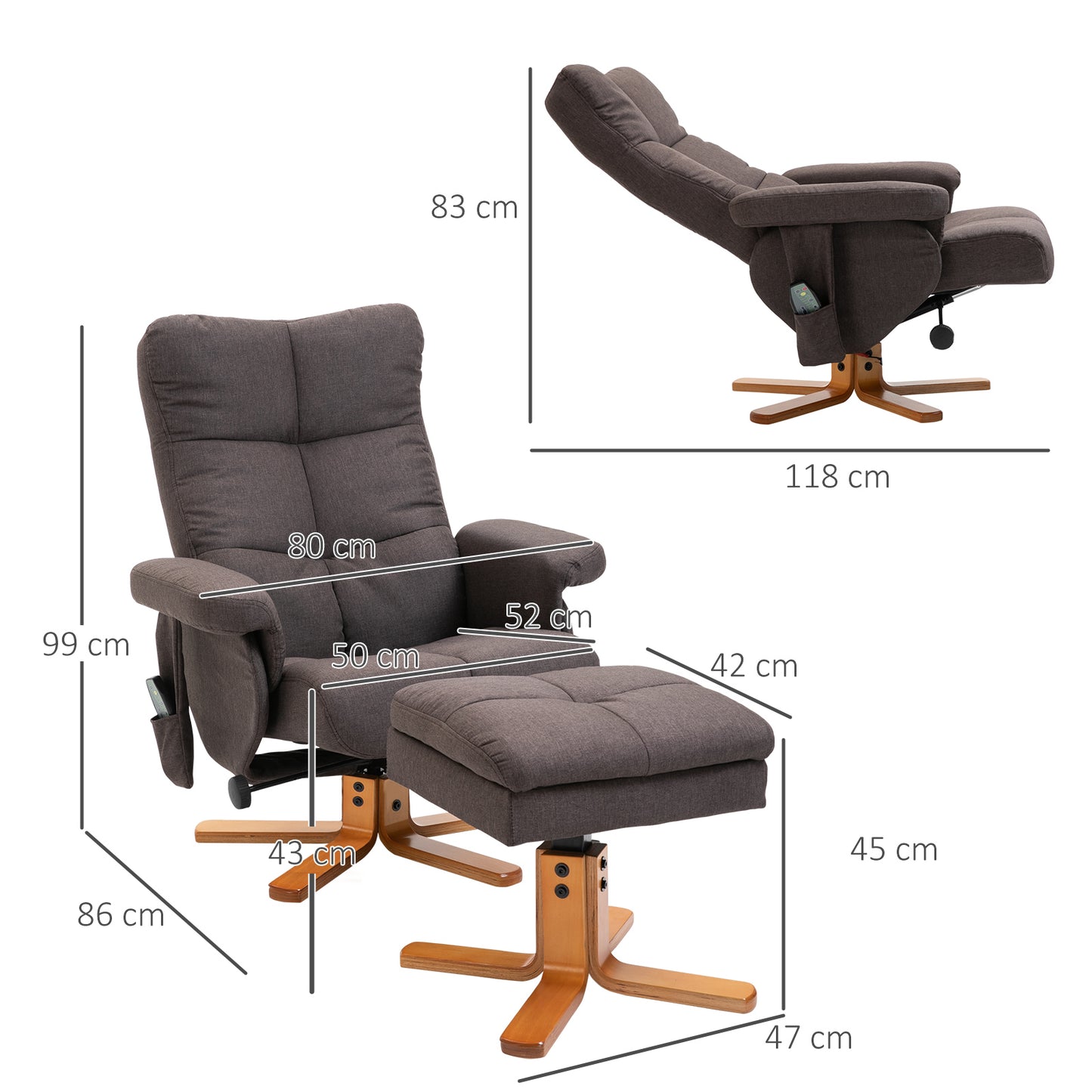 HOMCOM Relaxsessel mit Fußhocker, Stauraum, Elektrischer Massagesessel mit Liegefunktion, Drehbarer Fernsehsessel mit Seitentasche, Fernbedienung, Holzrahmen, Polyester, Braun