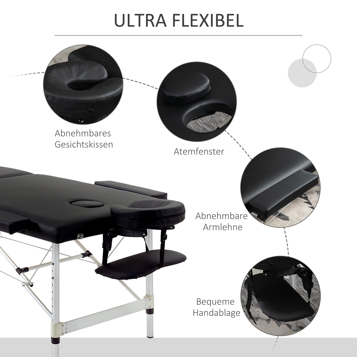 HOMCOM Massageliege, 2 Zonen klappbarer Massagetisch mit Kunstleder-Bezug, Kopfstütze, Armlehnen, Tasche, höhenverstellbare Massagebank 90cm Breit bis 225 kg belastbar, Schwarz