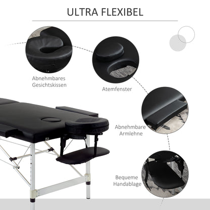 HOMCOM Massageliege, 2 Zonen klappbarer Massagetisch mit Kunstleder-Bezug, Kopfstütze, Armlehnen, Tasche, höhenverstellbare Massagebank 90cm Breit bis 225 kg belastbar, Schwarz