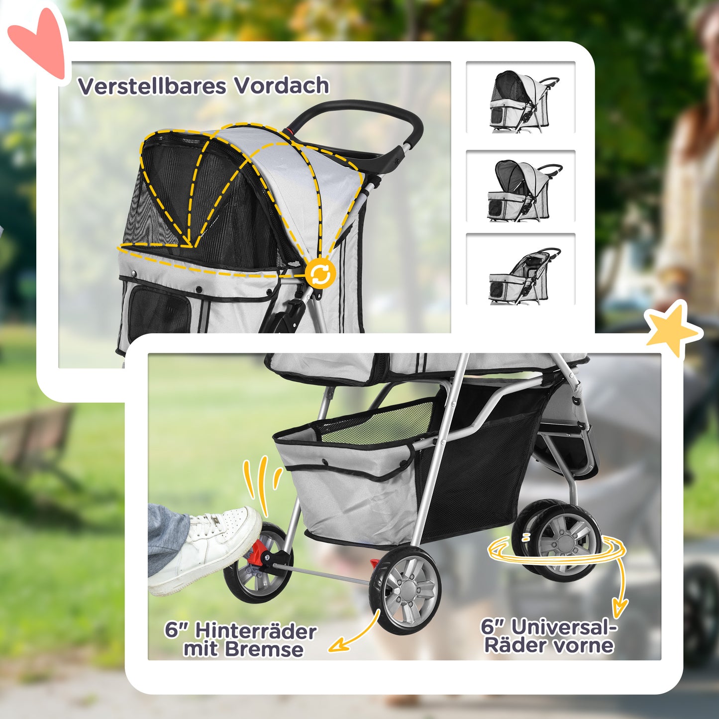 PawHut Hundewagen Hundebuggy bis 10 kg Klappbar Bodenkorb 2 Becherhalter verstellbares Vordach Grau