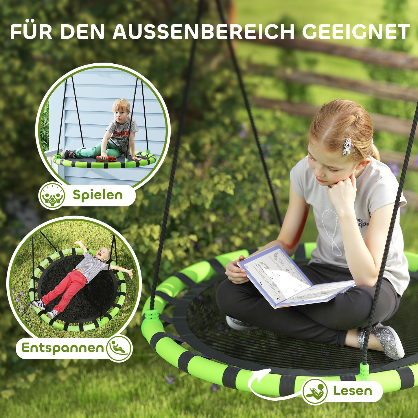 AIYAPLAY Kinderschaukel, 150 kg belastbar, Ø100 x 180H cm, Metall, Schaumstoff, Schwarz