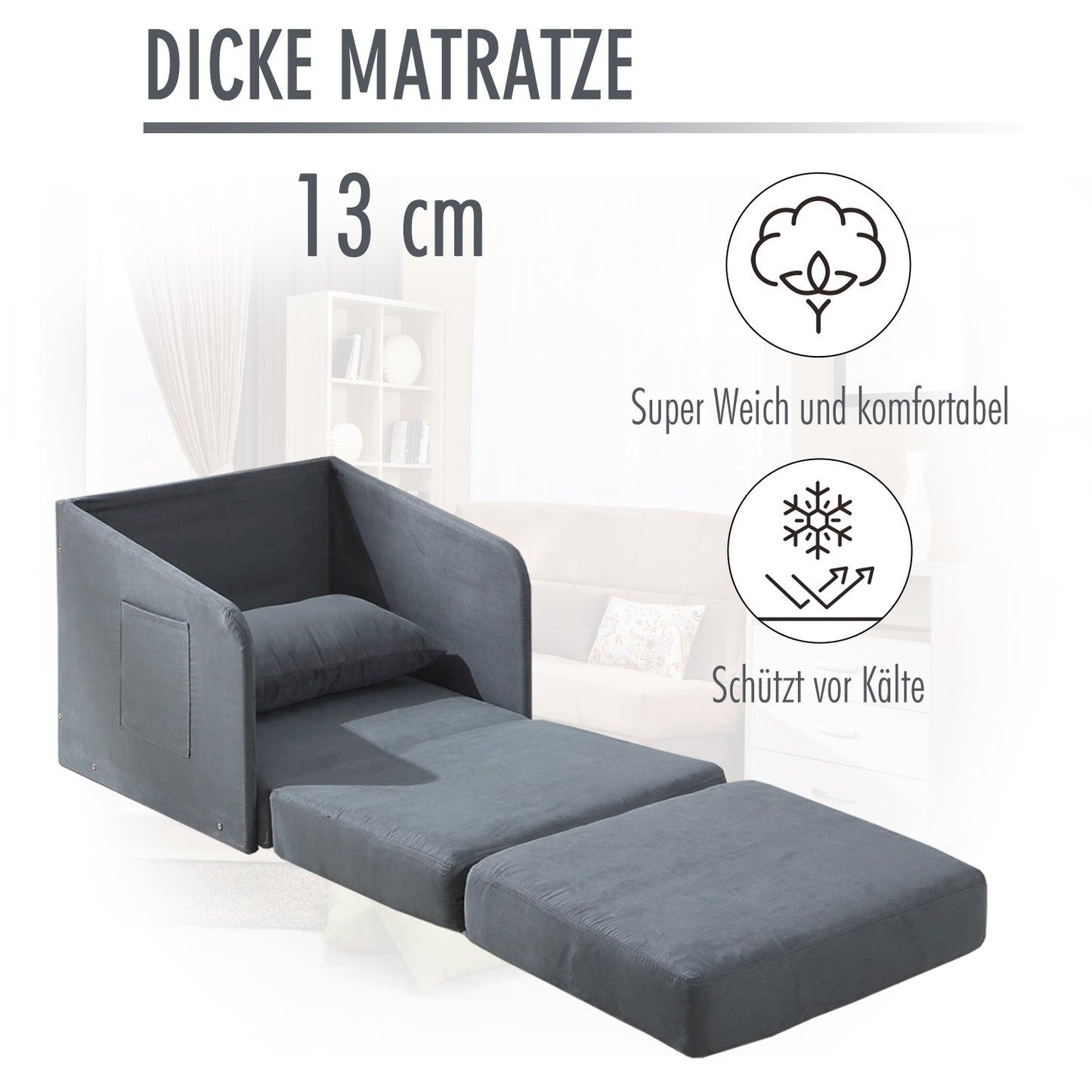 HOMCOM Schlafsofa Sofabett Einzelsofa Waschbarer Bezug 2 Seitentaschen Kissen Metall Grau 70 x 76 x 77 cm