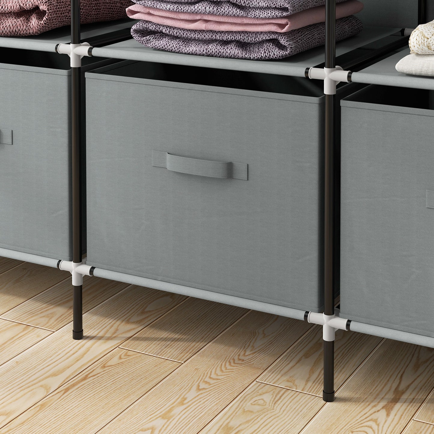 HOMCOM Kleiderschrank Stoffschrank, Türen, 2 Kleiderstangen, 10 Fächer, Grau