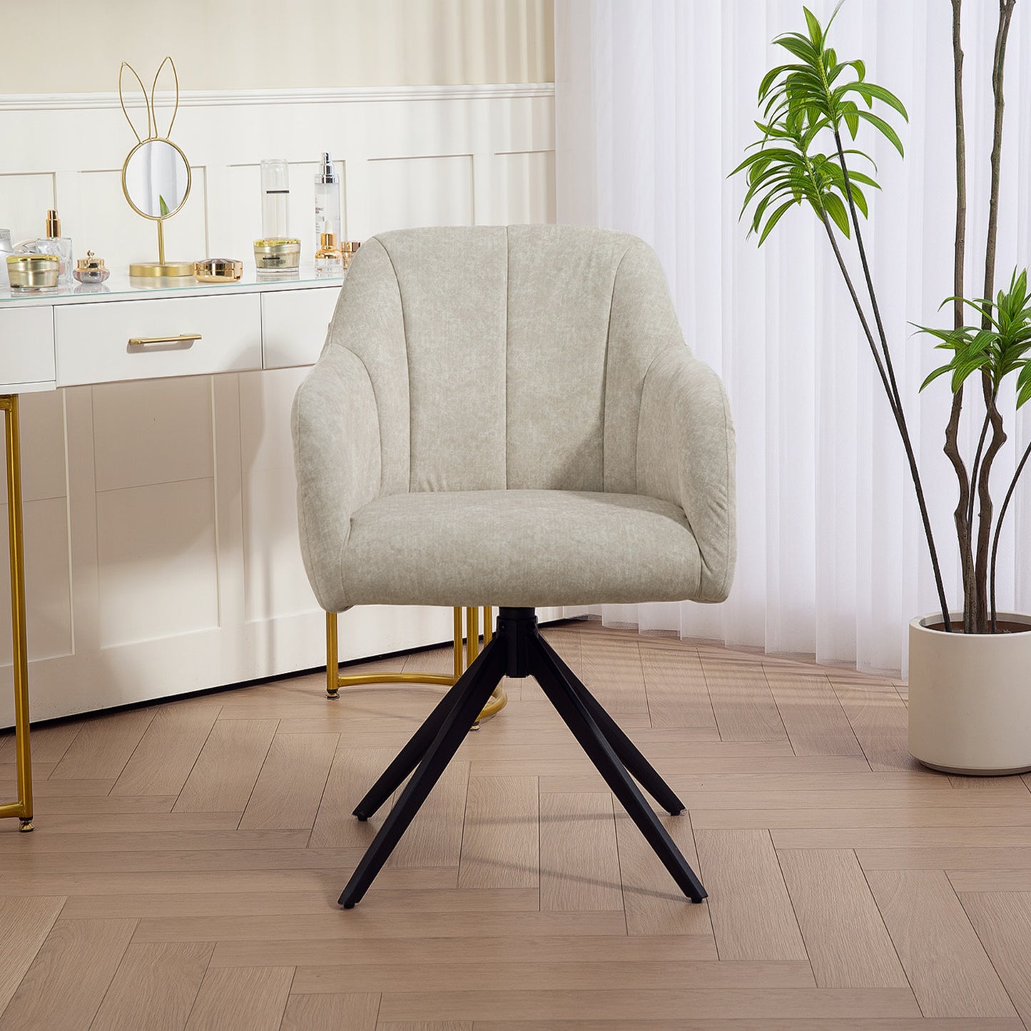 HOMCOM Drehbarer Akzentstuhl, Polsterstuhl mit Stoffbezug, Armlehnen, Stahlbeine, für Wohnzimmer, Schlafzimmer, Büro, Beige