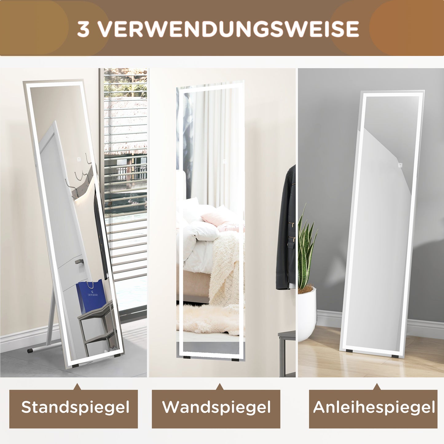 HOMCOM Standspiegel Wandspiegel Ganzköprerspiegel، مع مصابيح LED، 40 سم × 150 سم، فايس + سيلبر