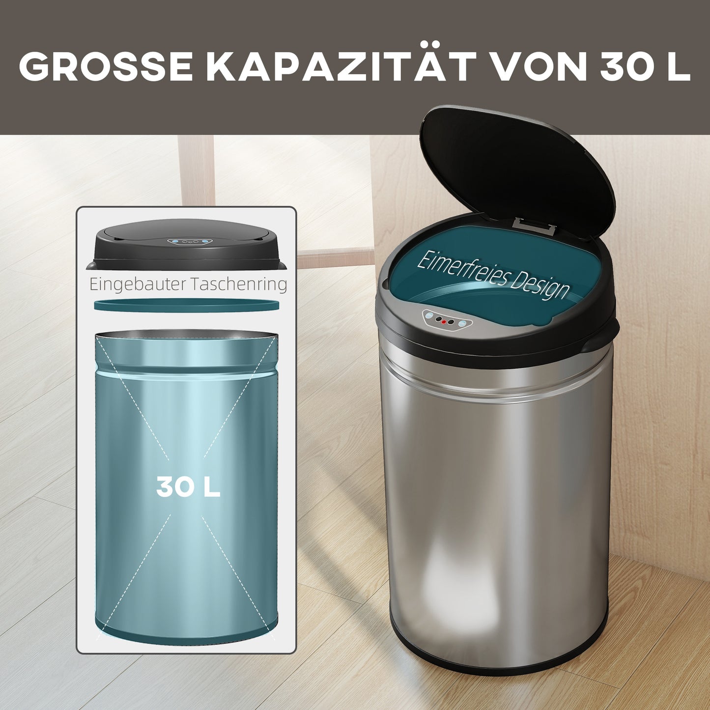HOMCOM 30 Liter Sensor-Mülleimer mit Soft-Close-Funktion, berührungsfreier Abfalleimer aus Edelstahl für hygienische Küchen