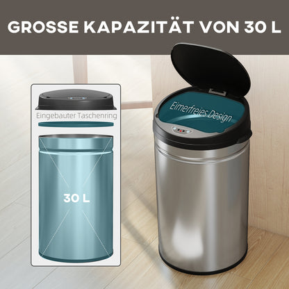 HOMCOM 30 Liter Sensor-Mülleimer mit Soft-Close-Funktion, berührungsfreier Abfalleimer aus Edelstahl für hygienische Küchen