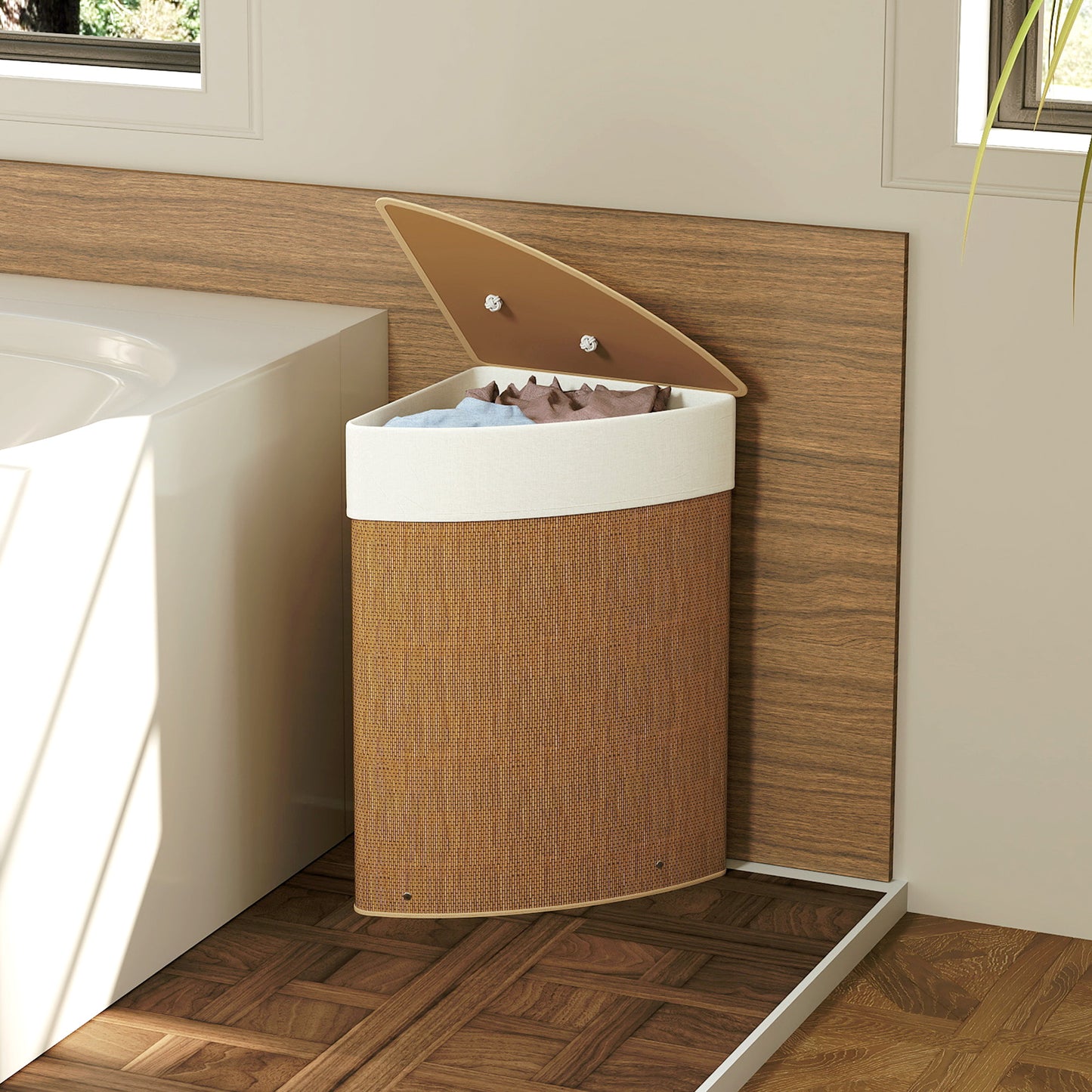 HOMCOM Wäschekorb im Eckdesign, Bambusgeflecht, 55 Liter, Stoffbeutel, Metallrahmen, Braun
