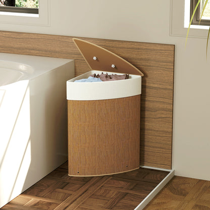 HOMCOM Wäschekorb im Eckdesign, Bambusgeflecht, 55 Liter, Stoffbeutel, Metallrahmen, Braun