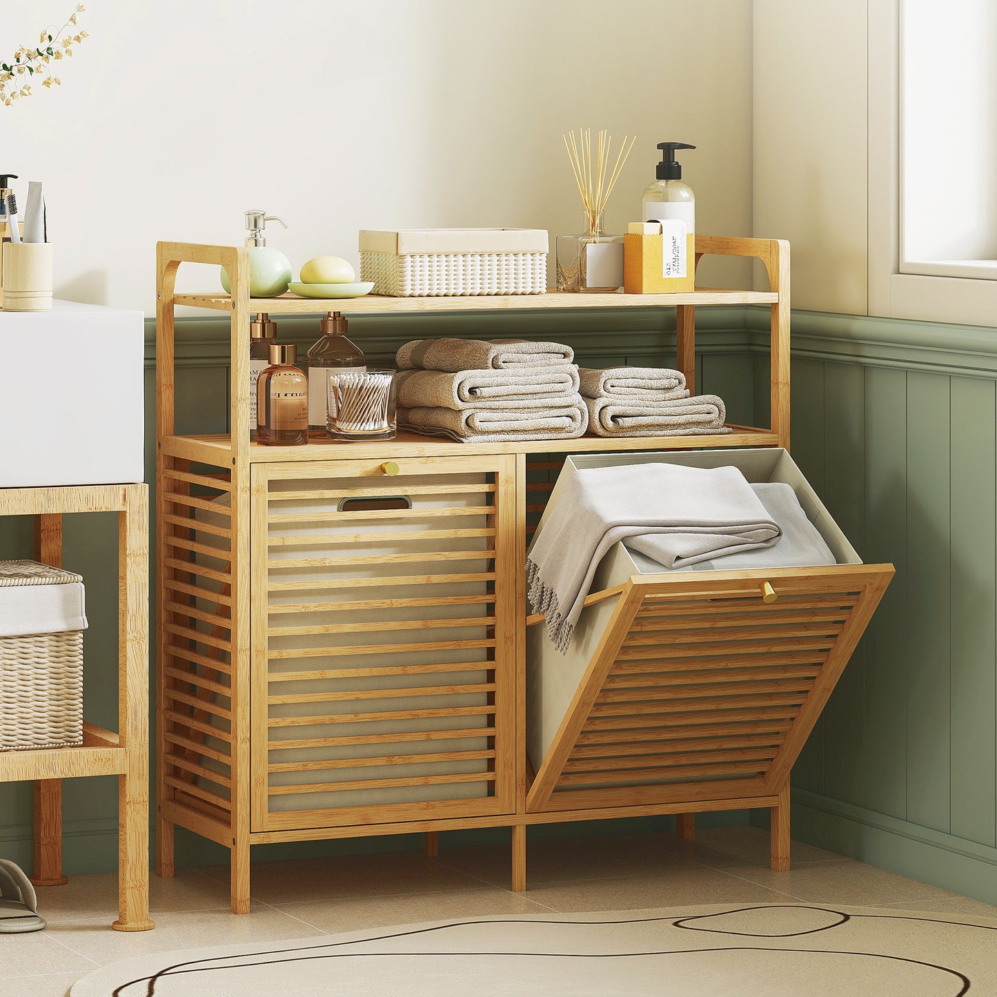 HOMCOM Wäscheregal mit 2 Wäschekörben, freistehendes Bambusregal für Badezimmer, Waschküche, Naturholz+Cremeweiß