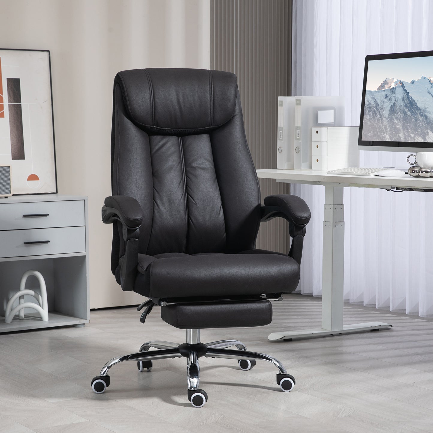 HOMCOM Bürostuhl Schreibtischstuhl Chefsessel, mit Fußstütze, höhenverstellbar, 145° Neigungswinkel, 66 x 70 x 119 cm, Schwarz