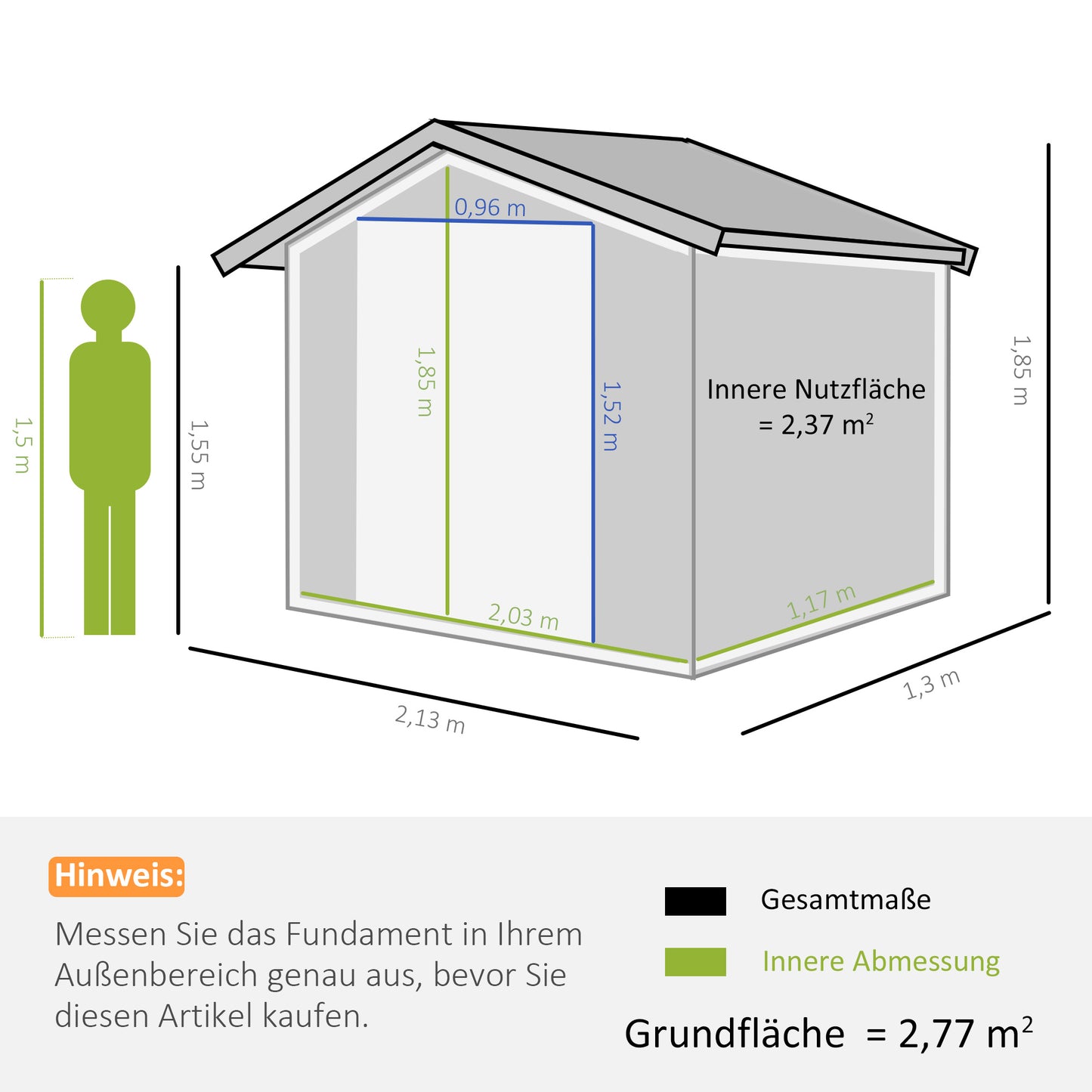 Outsunny Geräteschuppen mit Schiebetüren 2,13 x 1,30 x 1,85cm Metall Kohlegrau