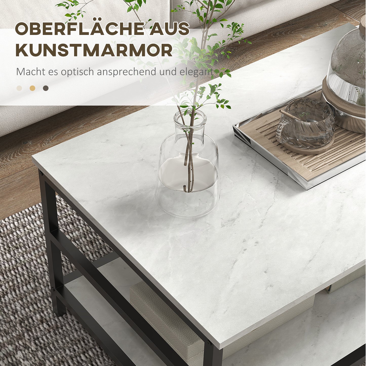 HOMCOM Couchtisch-Set, 2 Beistelltische, Marmoroptik, verstellbare Füße, Stahl, Schwarz/Weiß