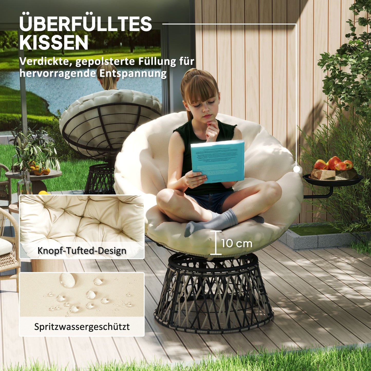 Outsunny Papasansessel Rattan 360° drehbar Korbsessel mit Kissen Durchmesser 90 cm runder Beige