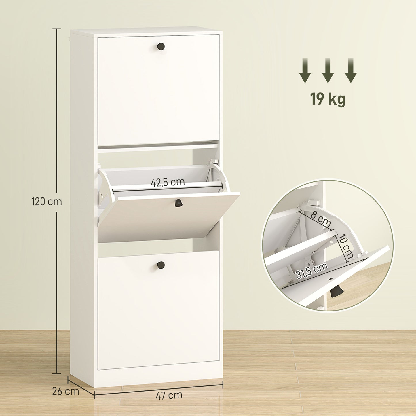 HOMCOM Schuhschrank, 3 Schubladen, für bis zu 12 Paar Schuhe, Spanplatte, Weiß