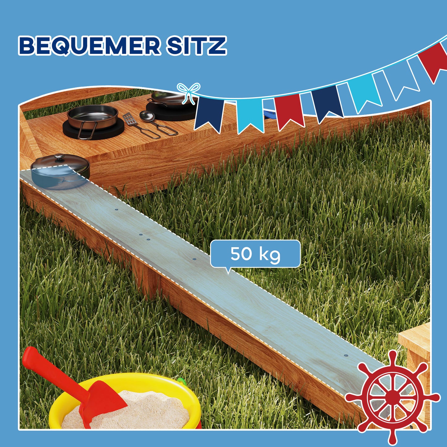Outsunny Sandkasten mit Sonnendach Piratenschiff, inkl. Kinderküchenspielset, Massivholz, 180 x 103 x 144,5 cm, Grün