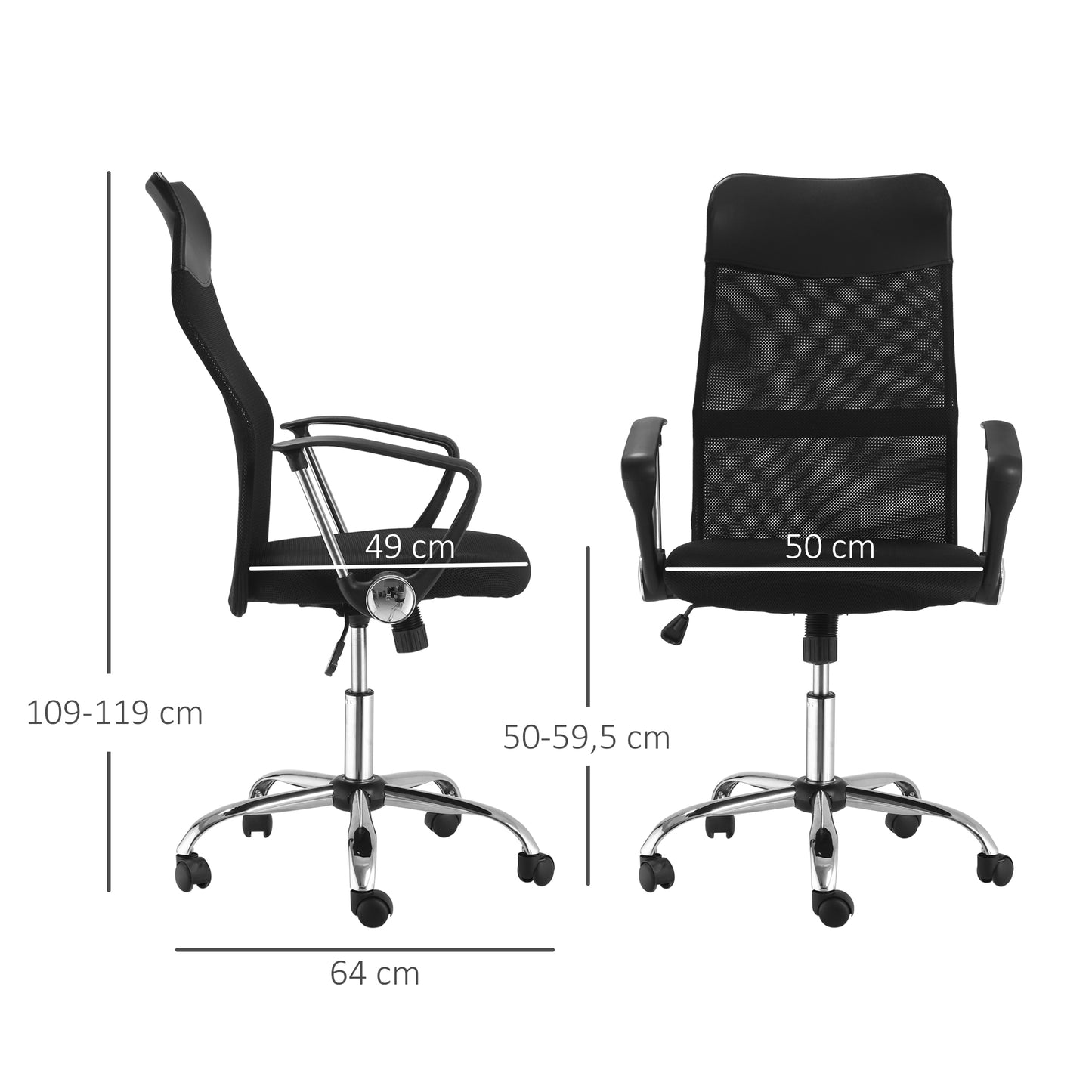 HOMCOM Ergonomischer Bürostuhl, Gaming Stuhl, Drehstuhl mit Wippenfunktion, höhenverstellbarer Schreibtischstuhl, Schaumstoff, Netz, Schwarz, 63 x 65 x 109-119 cm