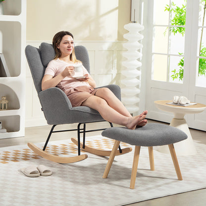 HOMCOM Schaukelstuhl mit Fußhocker، Weicher Fleece-Bezug، Holzbeine، Kissen، hohe Rückenlehne، Schaukelsessel، Dunkelgrau