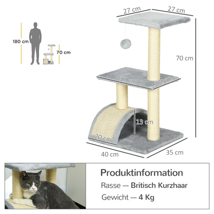 PawHut Kratzbaum 72 سم Katzenturm mit Plüschballen، Sisalstämme، Plattform، Kratzbrett Hellgrau