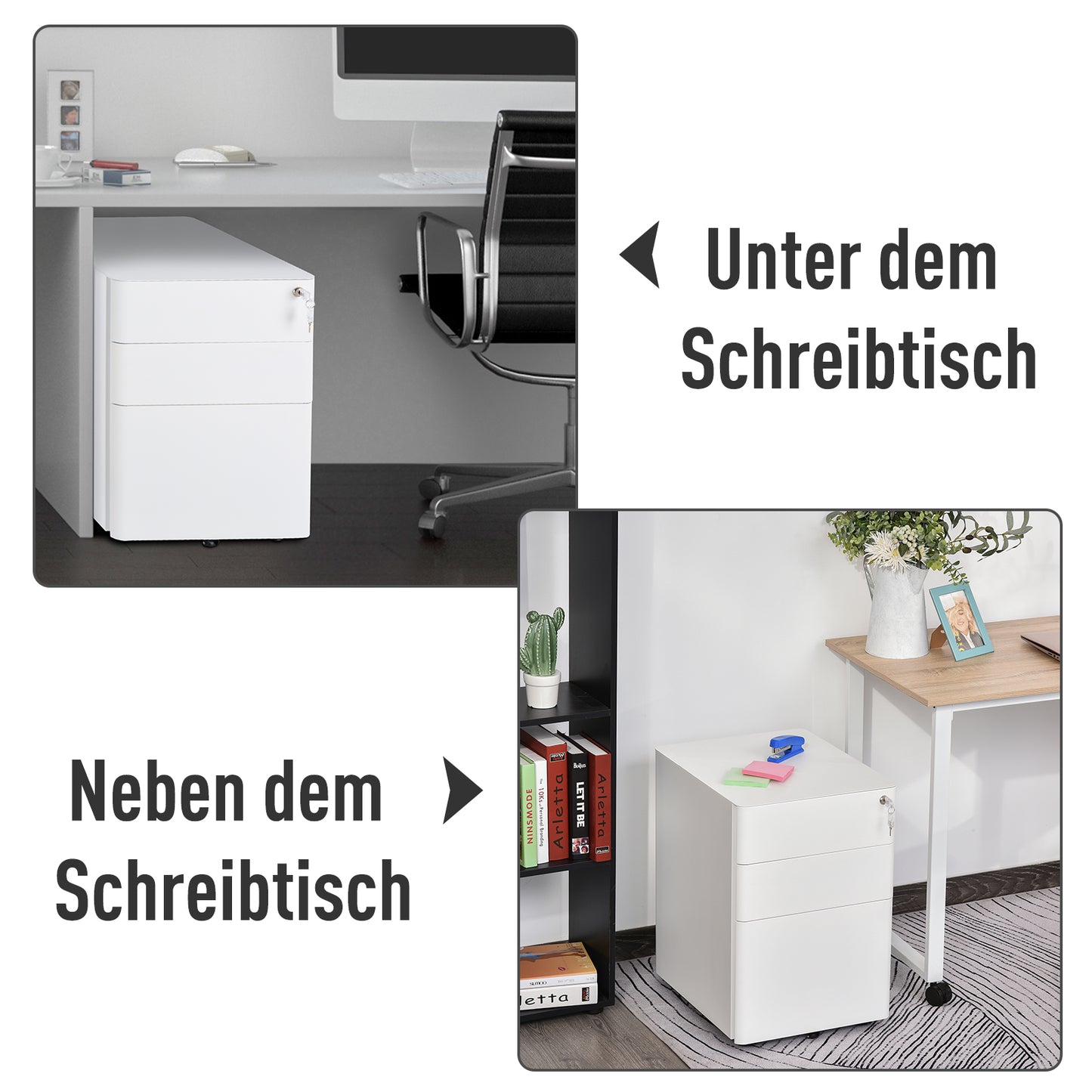 Vinsetto Rollcontainer mit 3 Schubladen mobiler Aktenschrank mit Rollen abschließbar Büroschrank mit Hängeregistratur Stiftfach, Bürocontainer für Büro, Homeoffice, 39 x 48 x 59 cm Weiß